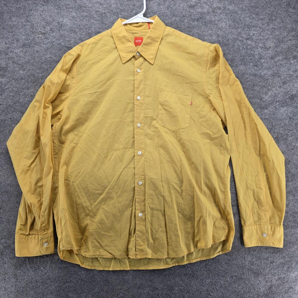 HUGO BOSS Shirt Mens L Yellow Solid Long Sleeve Button Up Linen Regular Fit
